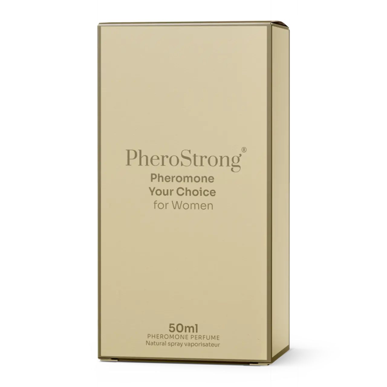 Goldfarbene Verpackung mit Produktnamen und -details. Aufschrift: PheroStrong Pheromone Your Choice für Frauen.