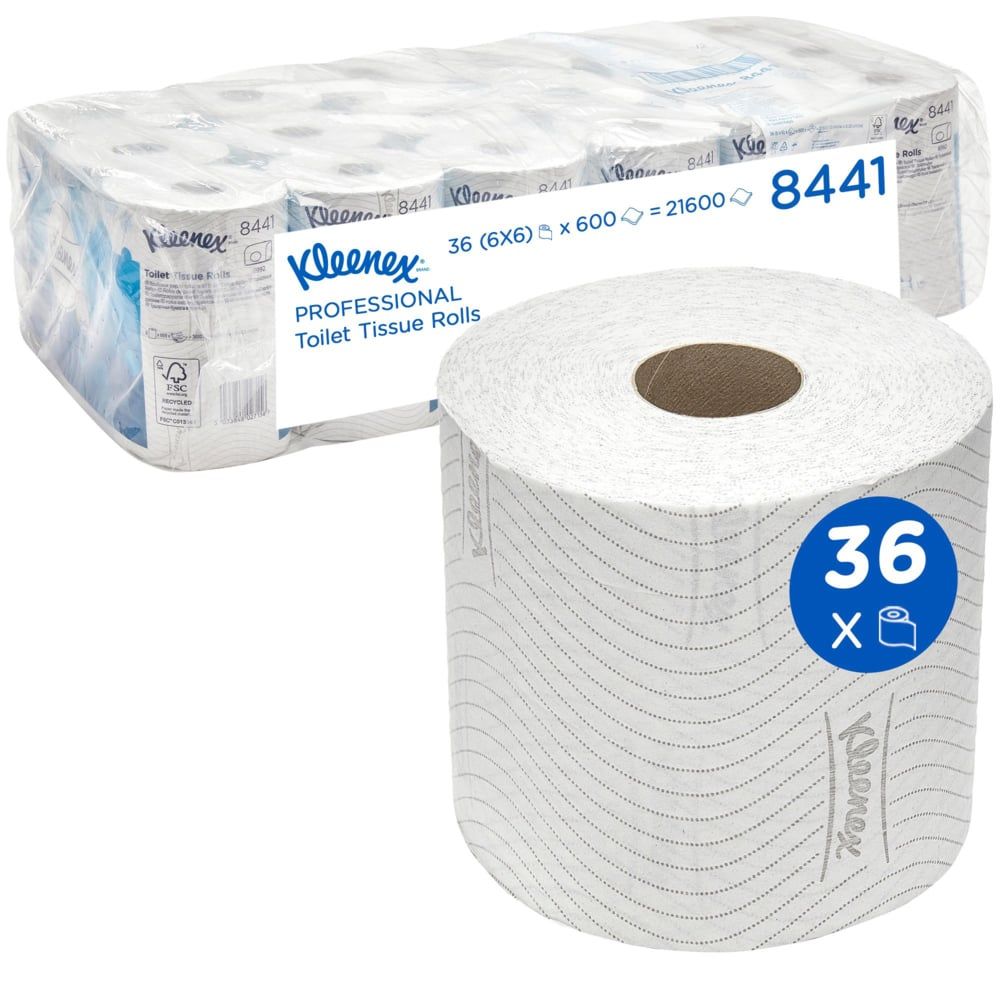 Kleenex Toilettenpapier. Einzelne Rolle und Packung mit 36 Rollen. Weißes Papier mit Wellenmuster. Aufschrift: Professional Toilet Tissue Rolls.
