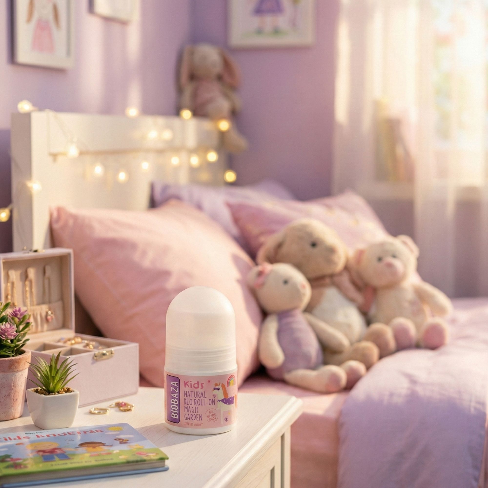 Roll-on-Deo auf Nachttisch. Produktetikett sichtbar. Schlafzimmerhintergrund mit Bett und Spielzeug.