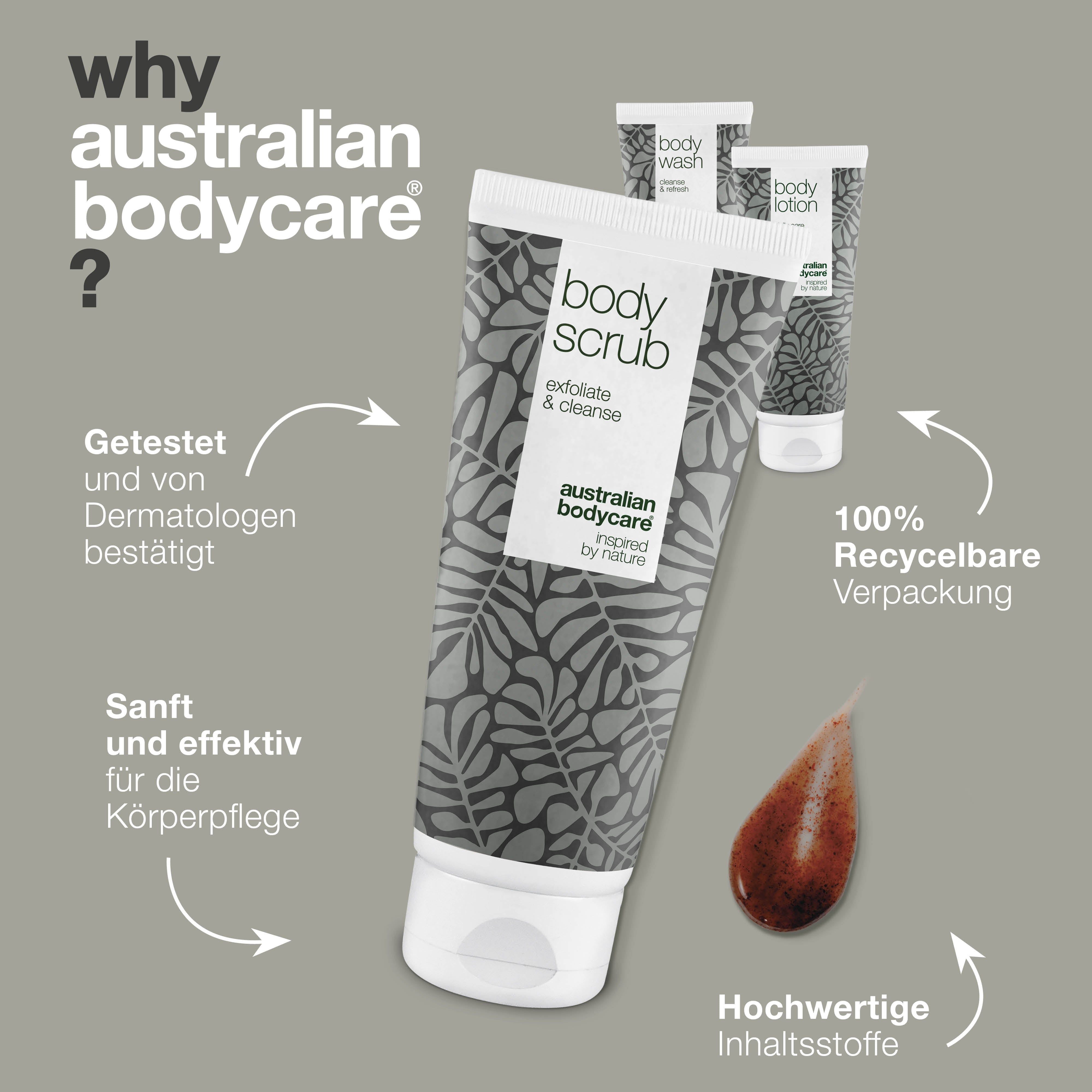 Drei Tuben „Body Scrub“, „Body Wash“ und „Body Lotion“. Braune Flüssigkeit. „Australian Bodycare“. 100% recycelbare Verpackung.