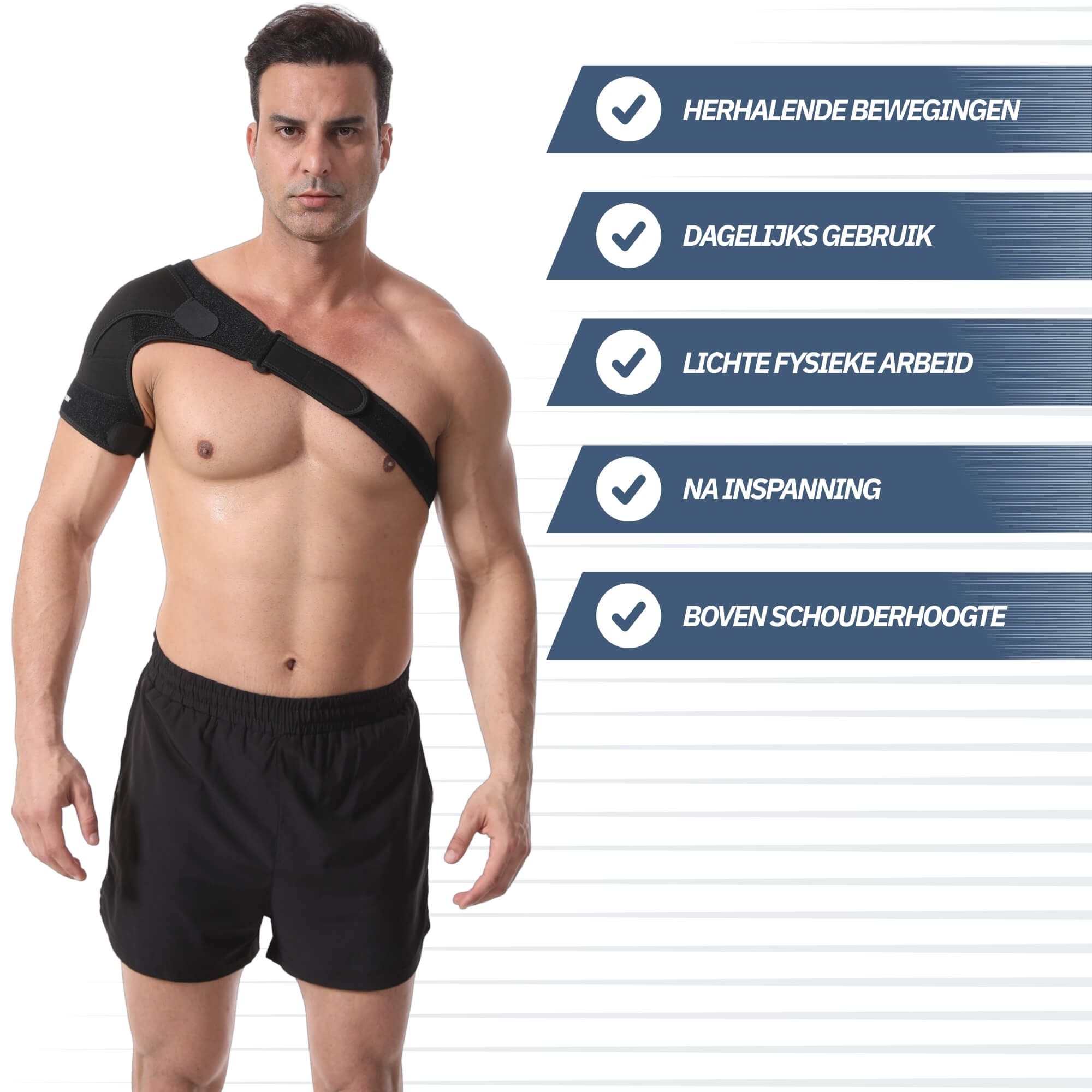 Mann mit Schulterbandage und Liste von Vorteilen.