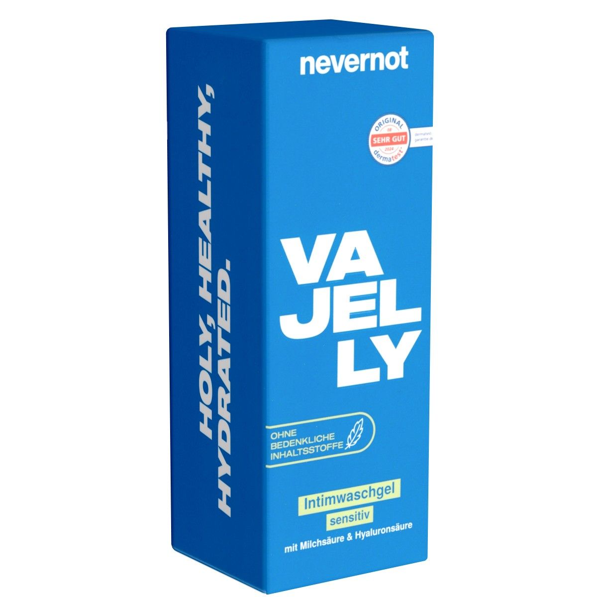 Blaue Produktverpackung. Aufschrift: Nevernot, Vajelly, Intimwaschgel sensitiv. Mit Milchsäure & Hyaluronsäure. Text: Holy, Healthy, Hydrated. Auszeichnung.