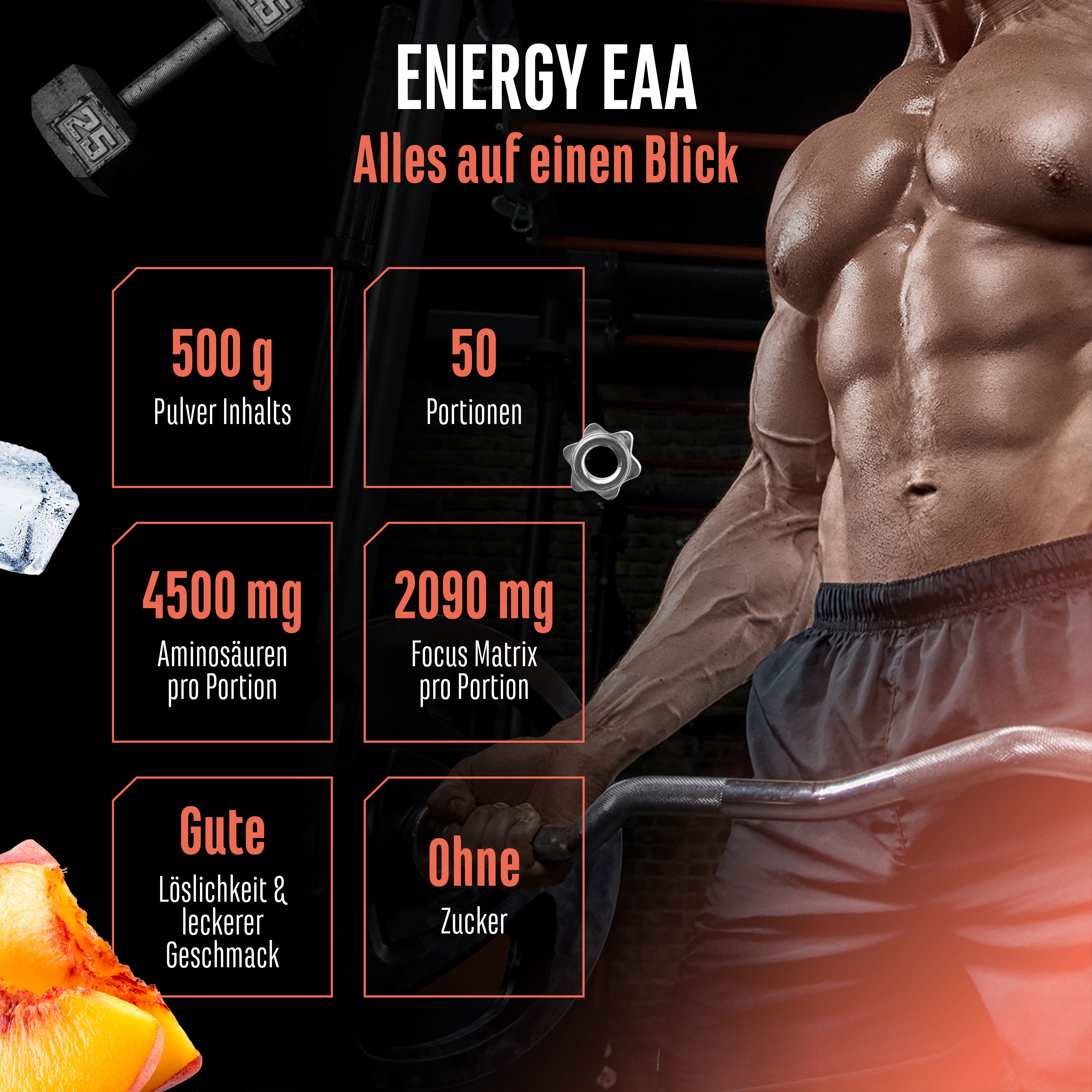 Infografik mit Produktinformationen: 500g Pulver, 50 Portionen, 4500mg Aminosäuren, 2090mg Focus Matrix. Gute Löslichkeit, ohne Zucker.