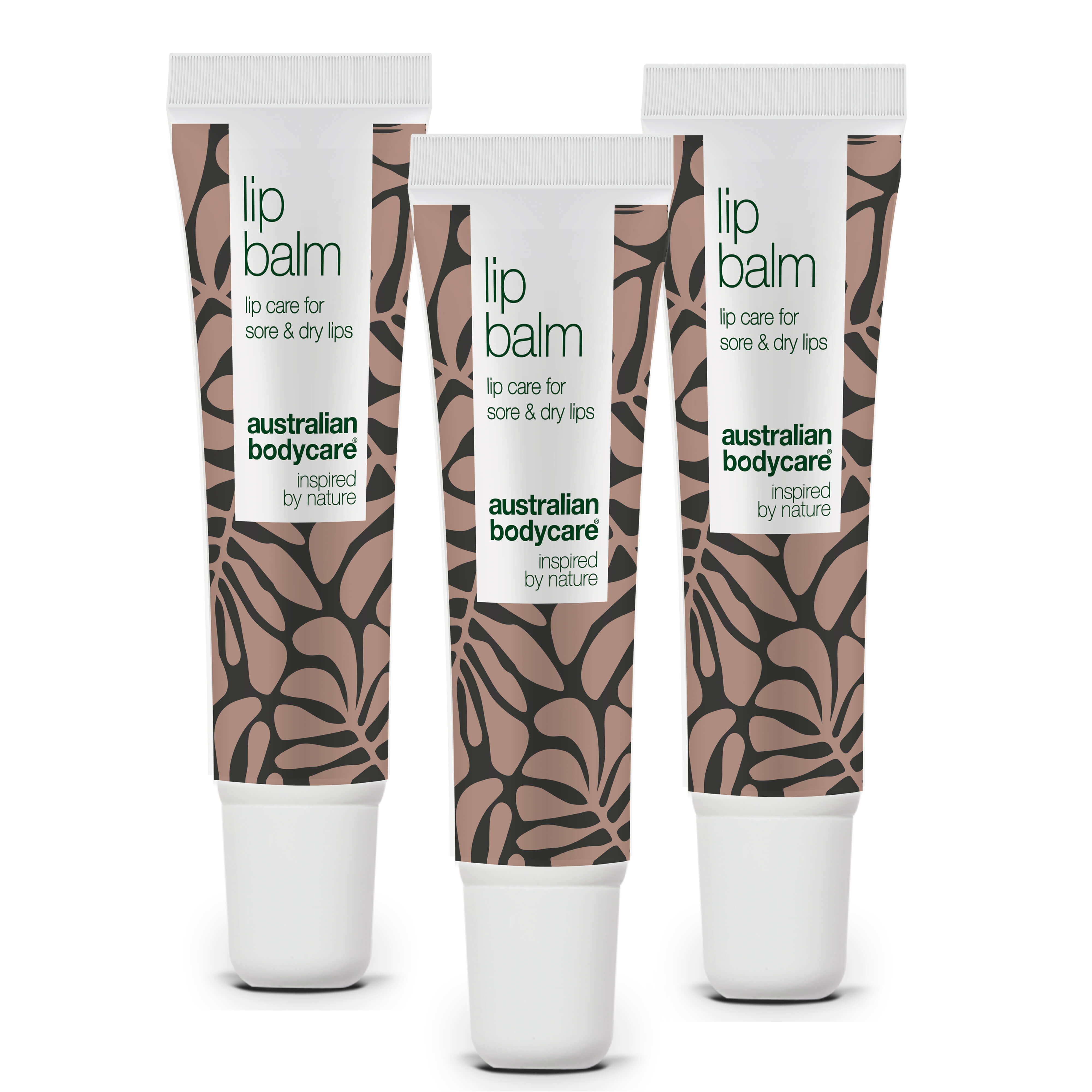 Drei Tuben Lippenbalsam. Weiß-braunes Design mit floralem Muster. Text: Lip Balm, Australian Bodycare.