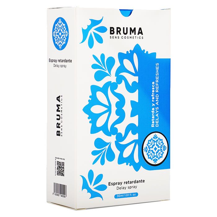 Verpackung für Bruma Verzögerungs- und Erfrischungsspray mit blauem Muster.