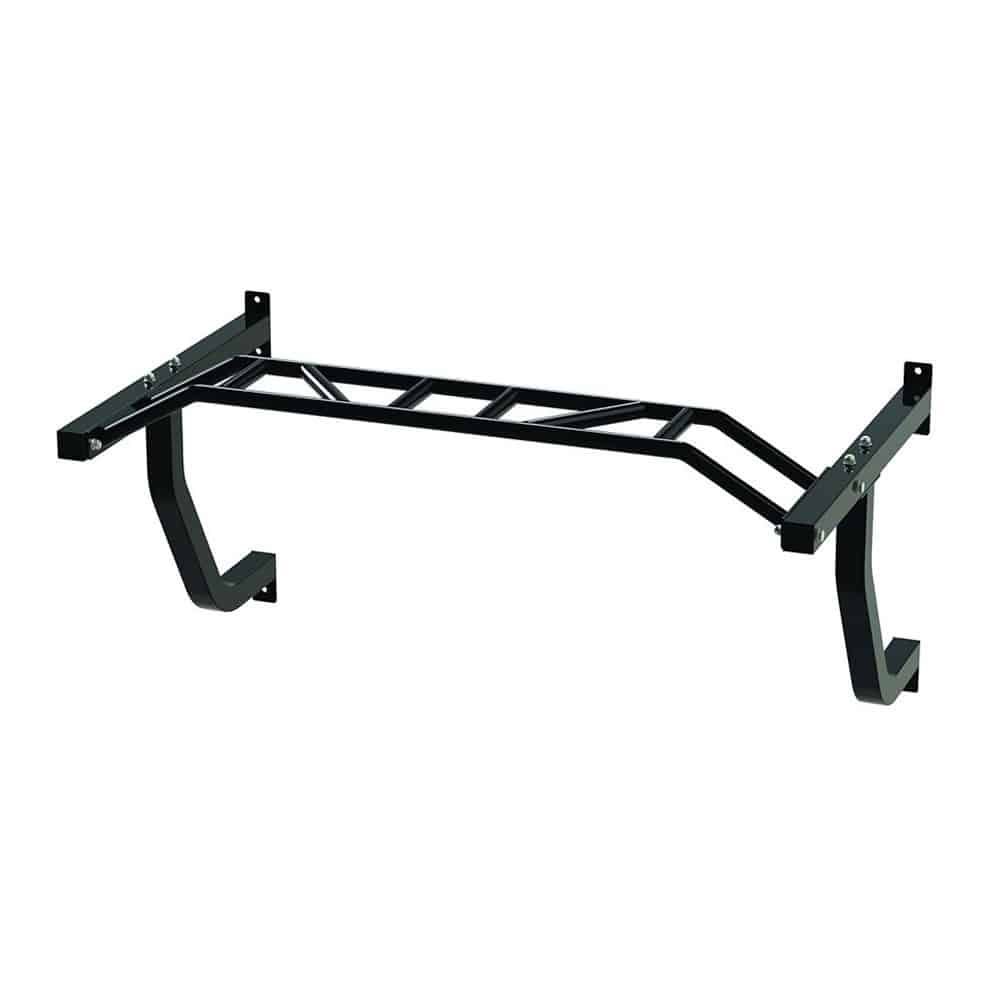 Schwarze Klimmzugstange aus Metall, zur Wandmontage mit mehreren Griffoptionen.