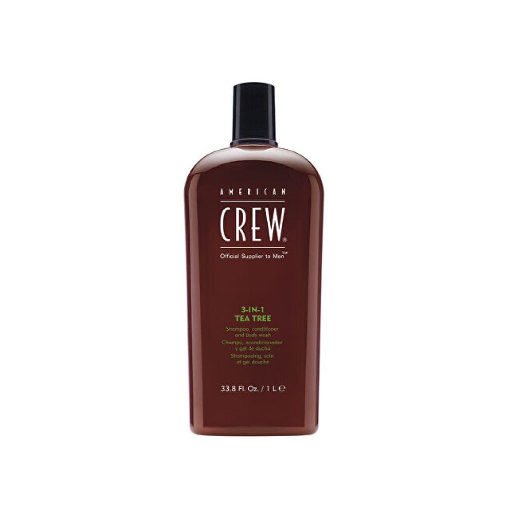 American Crew 3-in-1 Tea Tree Shampoo, Conditioner und Body Wash in brauner Flasche.