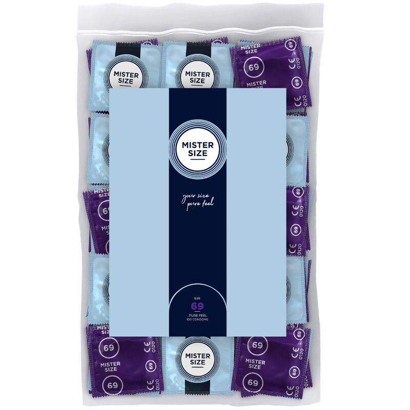 Kondome in Folienverpackung in transparenter Tüte. Aufdruck: Mister Size, 69. Blaue und violette Verpackungen.