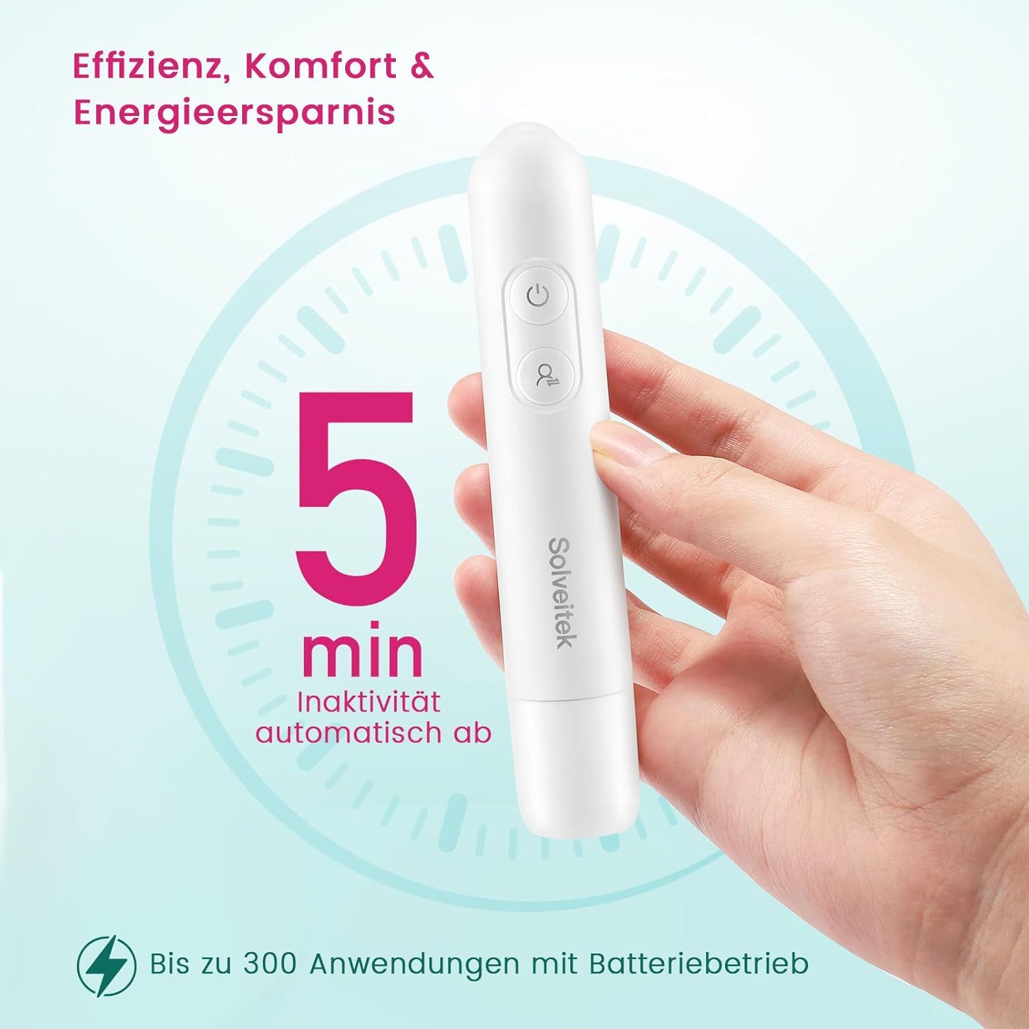 Weißer Insektenstichheiler in einer Hand. Zifferblatt mit Zeitangabe. Text über Inaktivität.