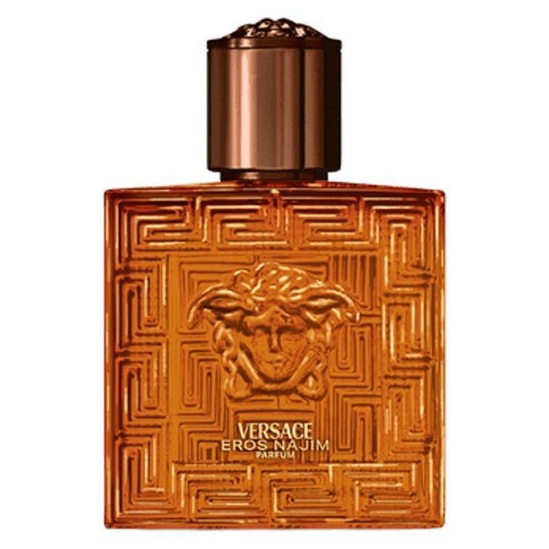 Versace Eros Najim Parfum Flakon mit Medusa-Kopf und geometrischem Muster.
