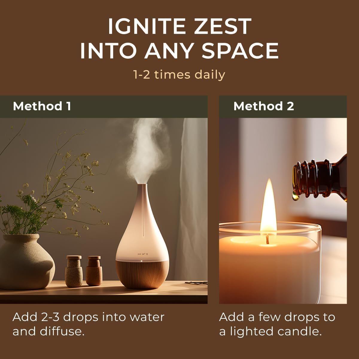 Zwei Methoden zur Verwendung. Methode 1: Diffusor mit Dampf. Methode 2: Kerze mit Tropfen. Text: "Ignite Zest Into Any Space".