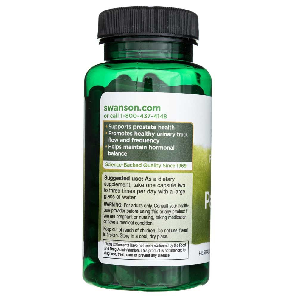 Rückseite einer Flasche Saw Palmetto Kapseln mit Anwendungshinweisen und Qualitätsmerkmalen.