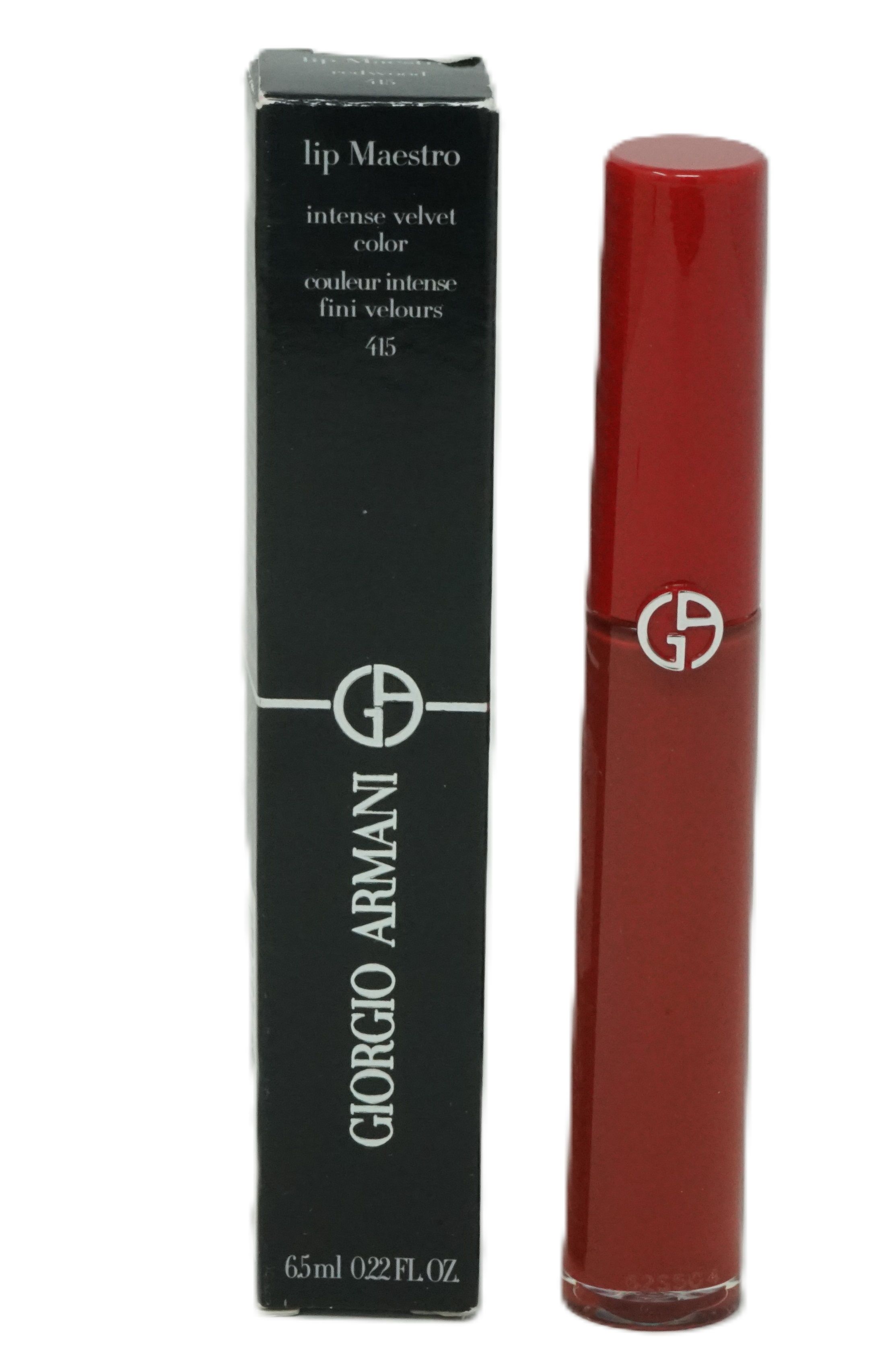 Lippenstift und Verpackung. Schwarze Schachtel mit weißer Schrift. Roter Lippenstift mit silbernem Logo.