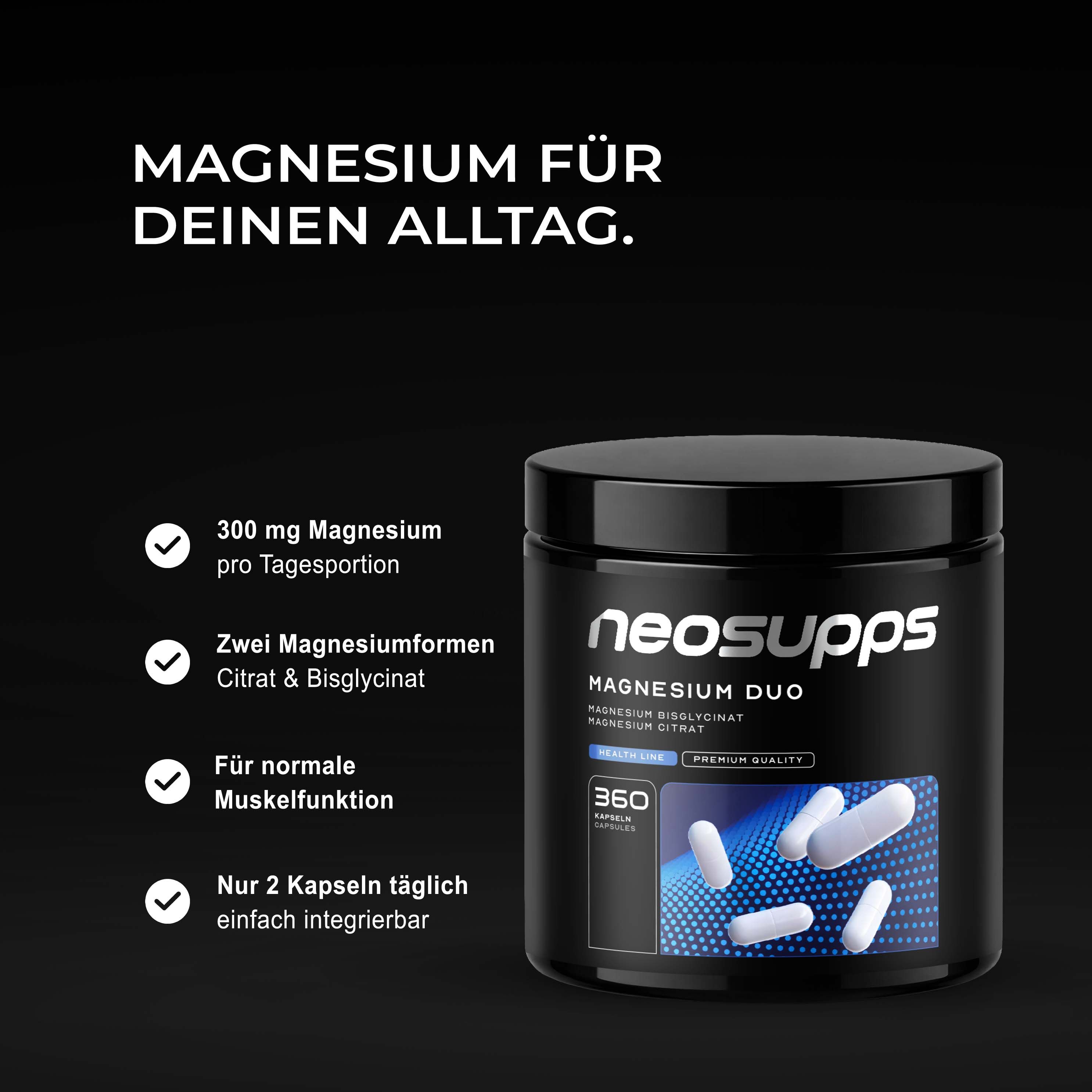 Neosupps Magnesium Duo Dose mit 360 Kapseln, vegan. 300mg Magnesium pro Tagesportion.