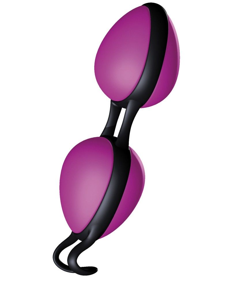 Joyballs secret, rosa-schwarz. Zwei ovale Kugeln, verbunden durch einen schwarzen Steg und Griff. Schwarze Schlaufe am Ende.