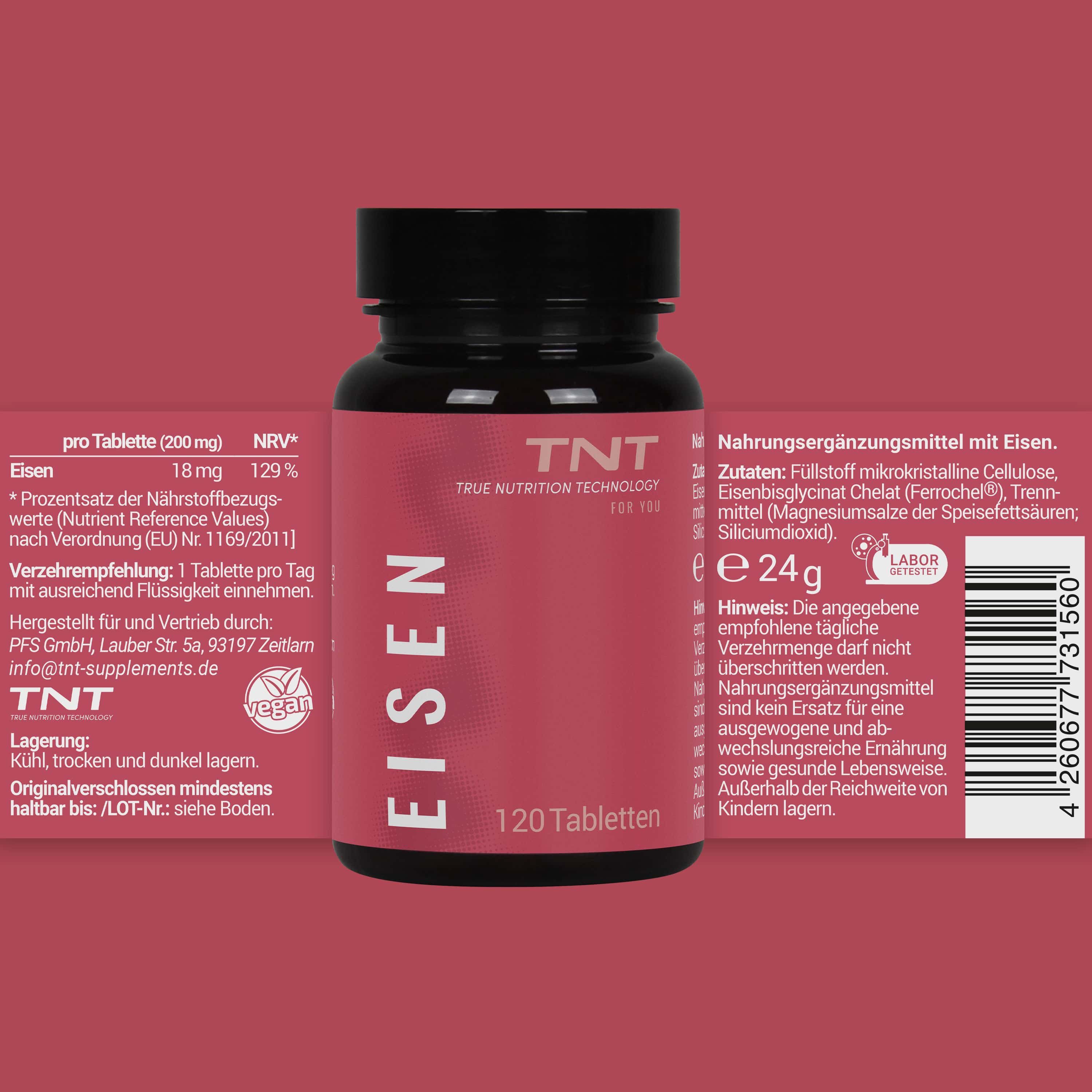 TNT Eisen-Tabletten in einer schwarzen Flasche. Rotes Etikett mit Produktinformationen. Rückseite mit Inhaltsangaben.