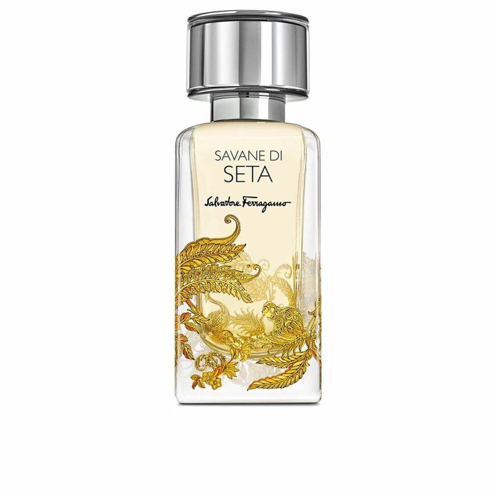 Parfümflakon mit goldfarbenem Dekor und silbernem Verschluss. Aufschrift: Savane Di Seta, Salvatore Ferragamo.