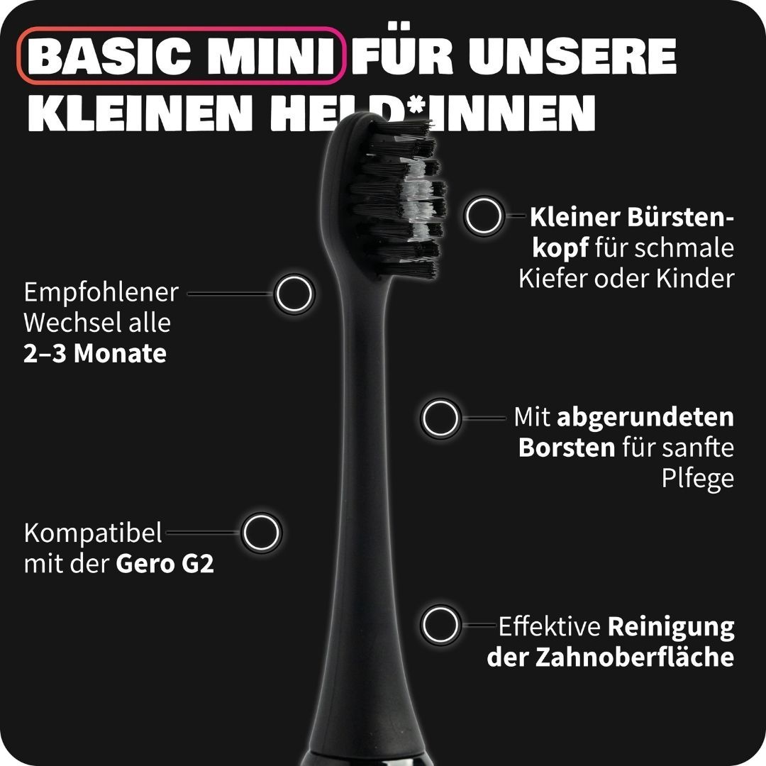 Kleiner schwarzer Bürstenkopf für schmale Kiefer oder Kinder, mit abgerundeten Borsten.