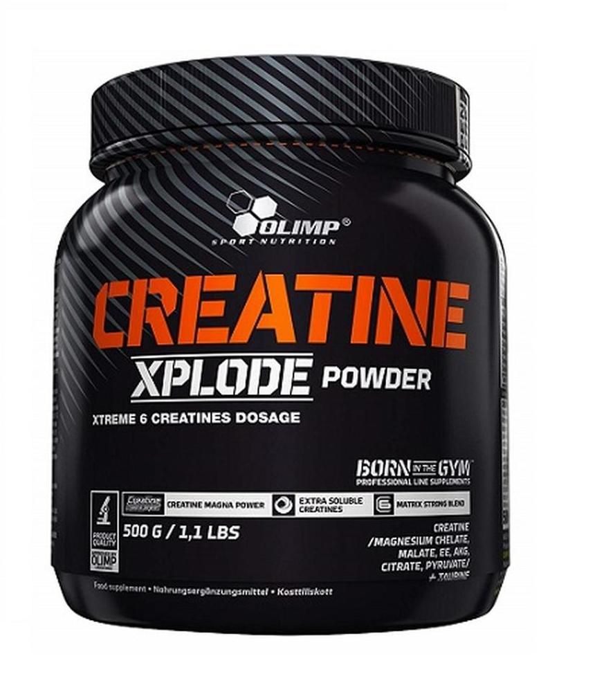 Schwarze Dose mit orangefarbener Aufschrift "CREATINE XPLODE POWDER". Enthält 500g. Marke: Olimp. Mit Logos und Texten zu Inhaltsstoffen.