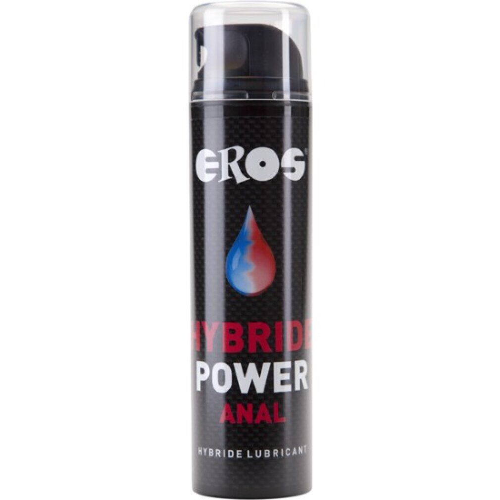 Schwarze Flasche mit transparentem Deckel. Aufschrift EROS, darunter ein Tropfen-Design. Text: HYBRID POWER ANAL.