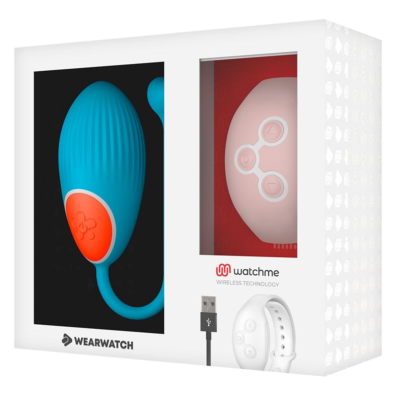 Verpackung des Wearwatch Vibro-Eis mit blauem Ei, pinkem Ei und Zubehör.