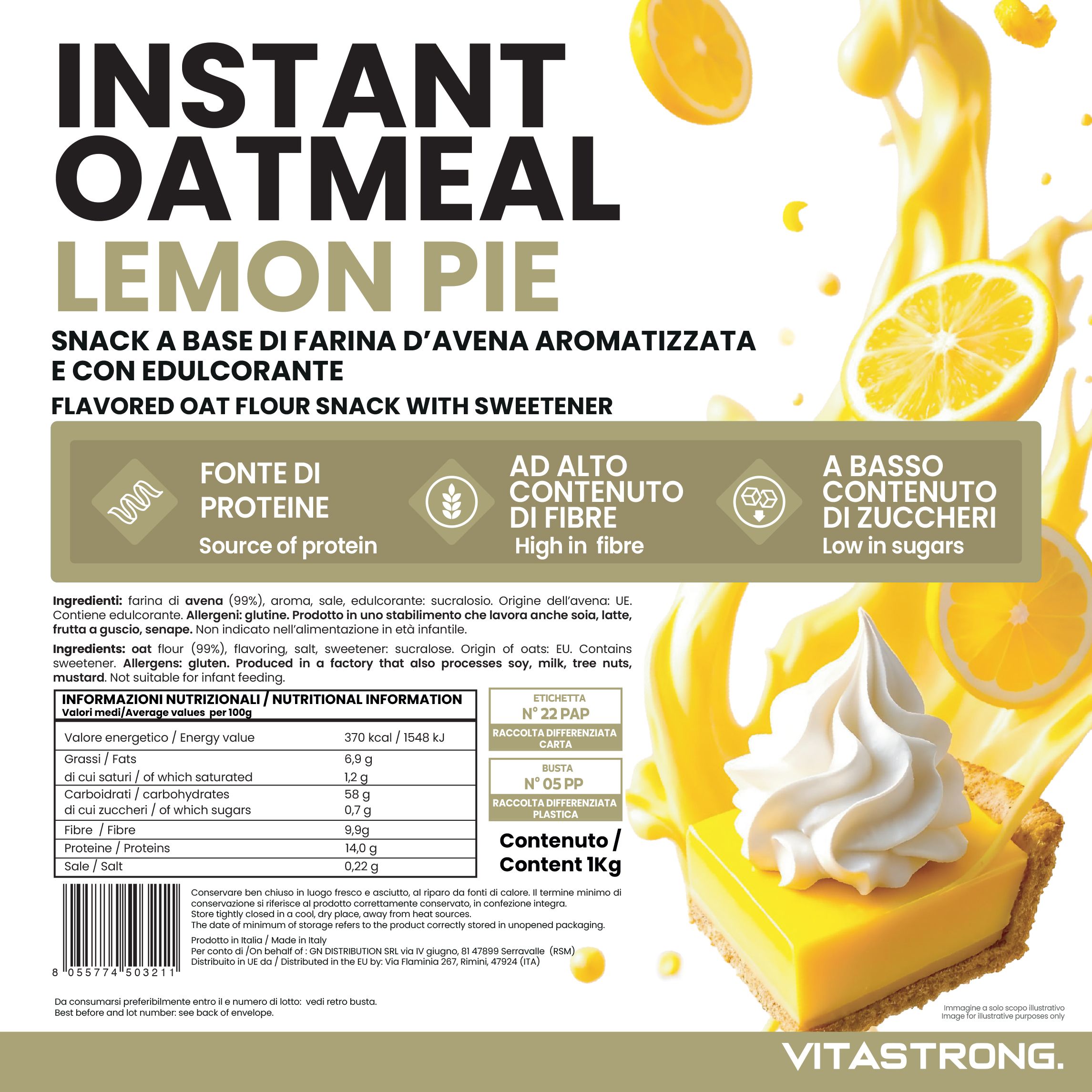 Verpackung von Instant Oatmeal Lemon Pie. Text: Instant Oatmeal, Lemon Pie, Vitastrong. Abbildung: Kuchenstück mit Sahne.