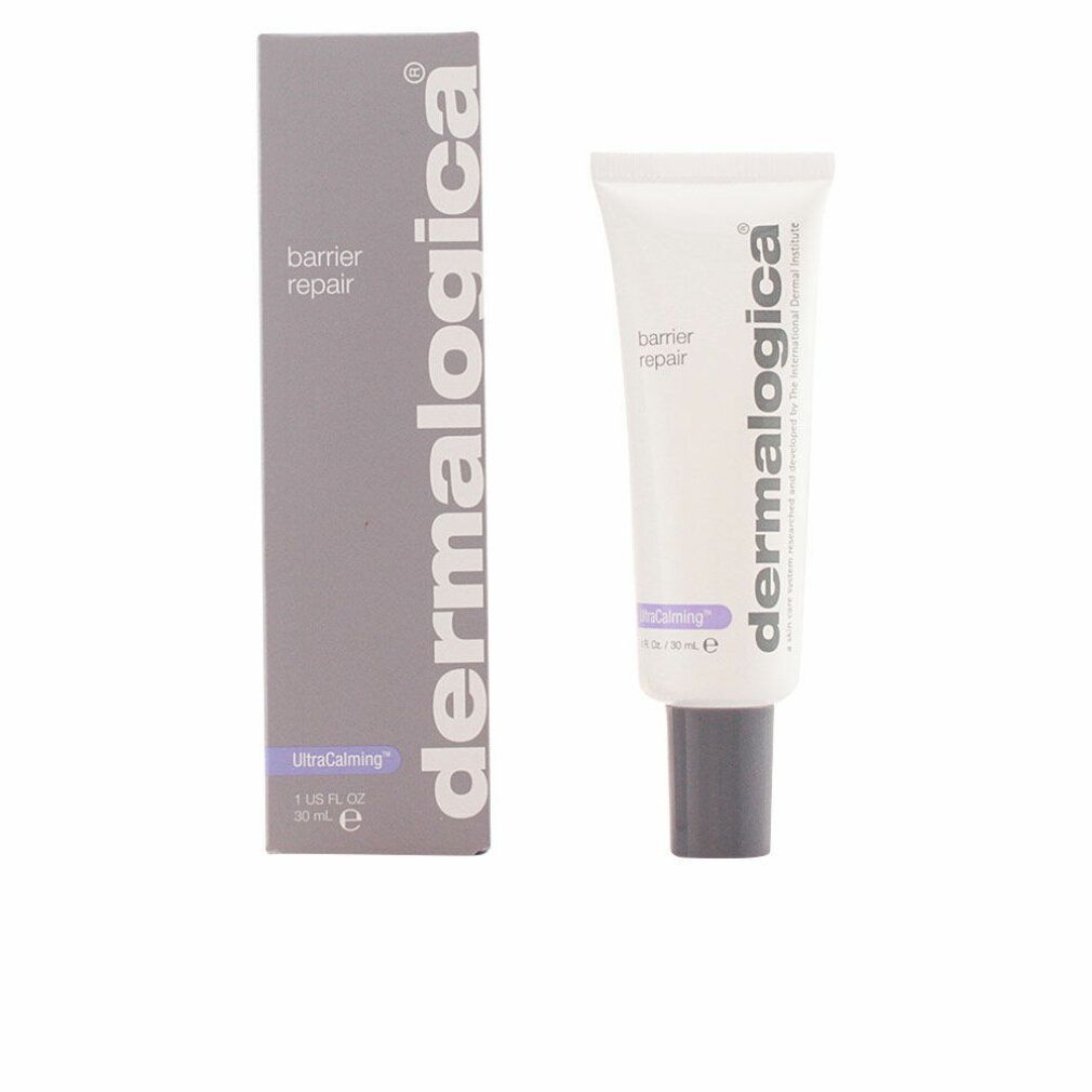 Tube und Schachtel. Tube: weiß, graue Kappe. Aufschrift: barrier repair, dermalogica, UltraCalming. Schachtel: grau.