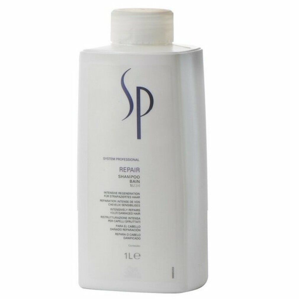 Weißes Shampoo-Flakon mit blauem SP-Logo. Text: Repair Shampoo, 1L. Flakon mit weißem Deckel.