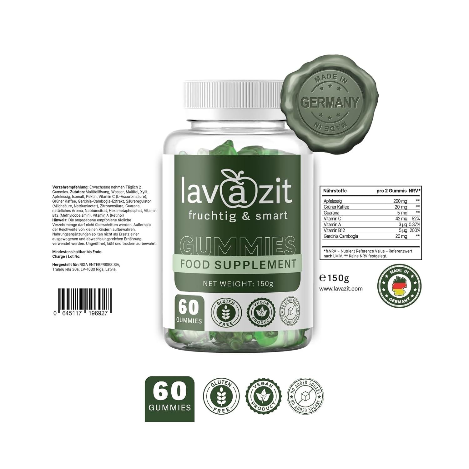 Flasche mit grünen Gummibärchen. Etikett "lav@zit" und "GUMMIES FOOD SUPPLEMENT". 60 Gummies. Siegel "Made in Germany".