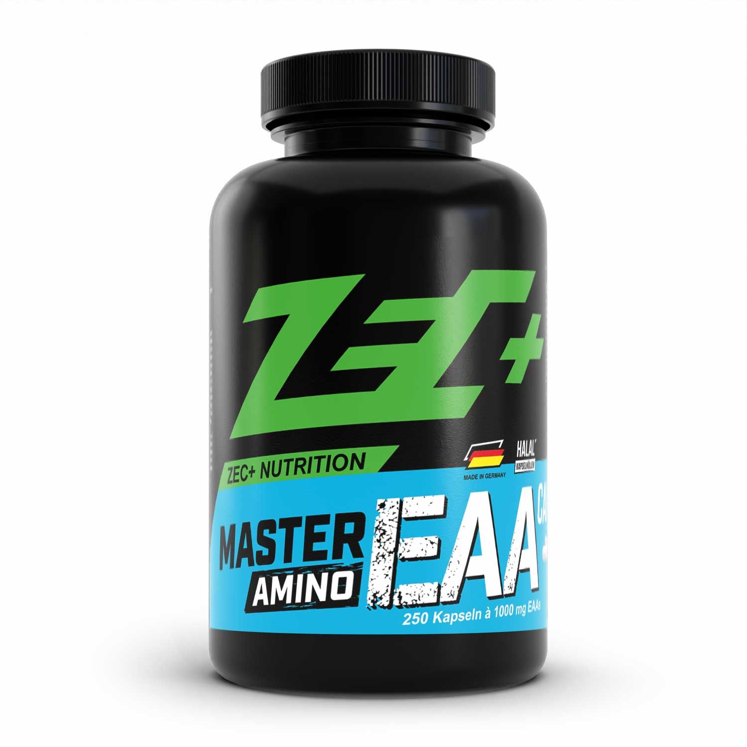 Schwarze Flasche mit grünem Logo und blauer Banderole. Aufschrift: ZEC+ Master Amino EAA Kapseln. Mit Halal-Siegel.