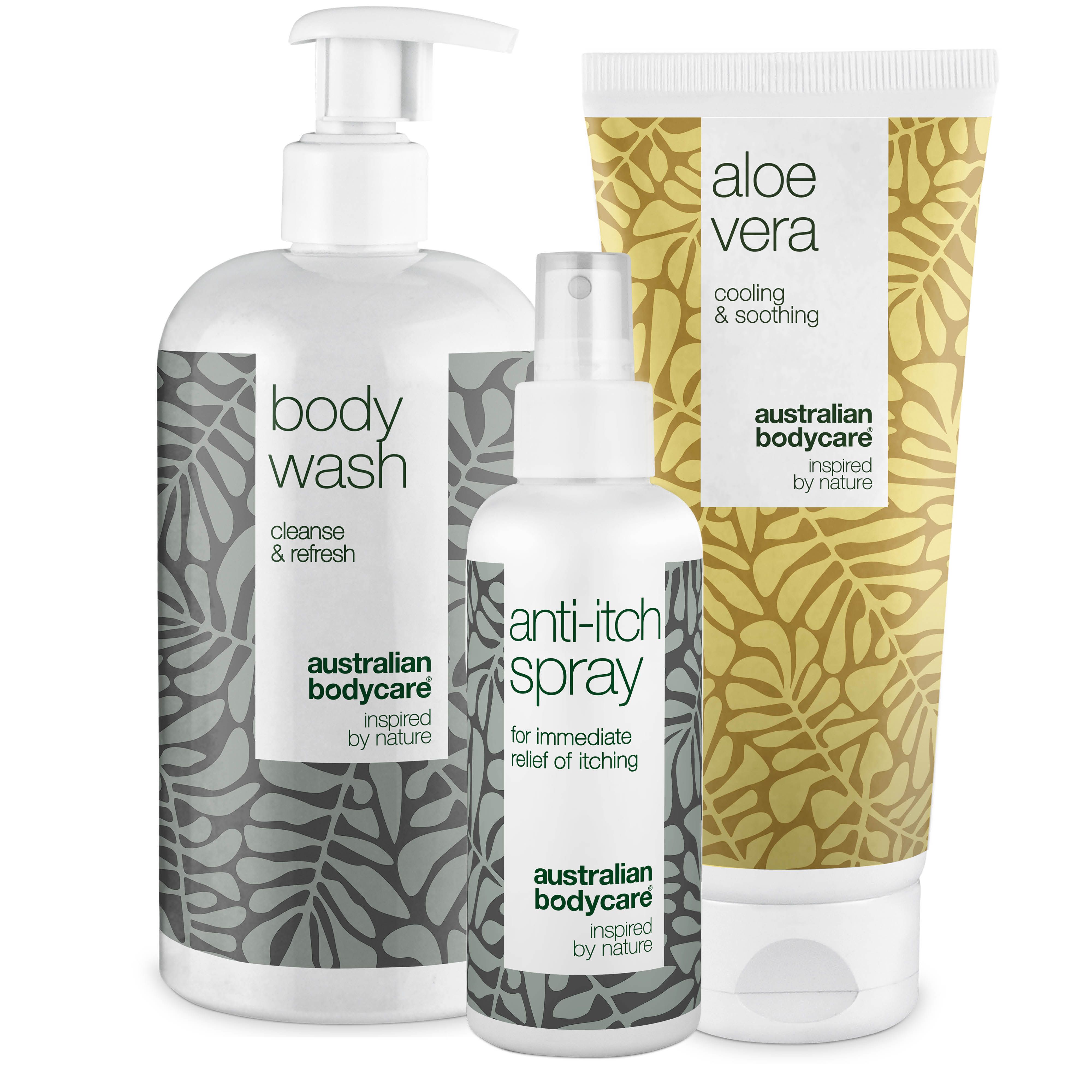 Drei Produkte: Body Wash, Anti-Juckreiz Spray und Aloe Vera Gel. Alle in weißen Flaschen mit Etiketten.