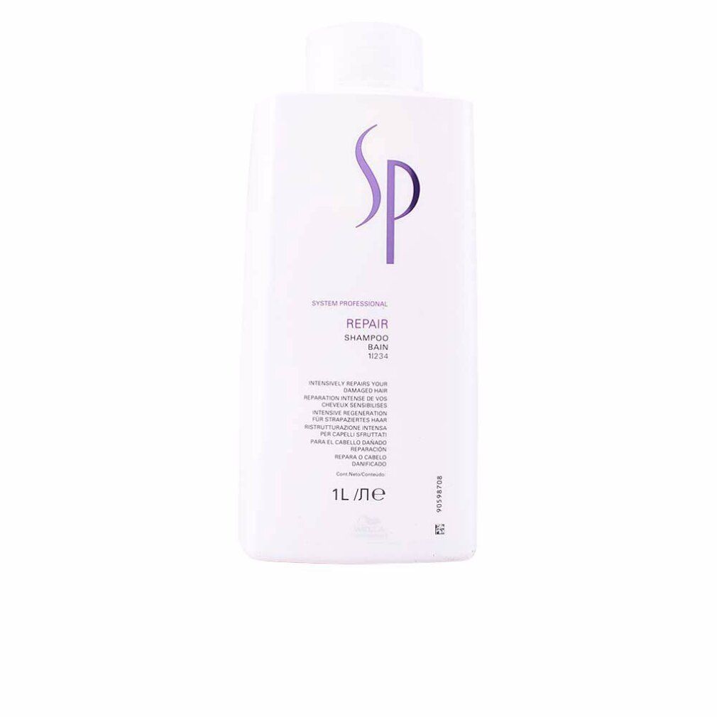 Weißes Shampoo-Flakon mit lila SP-Logo. Text: Repair Shampoo, 1L. Flakon mit weißem Deckel.