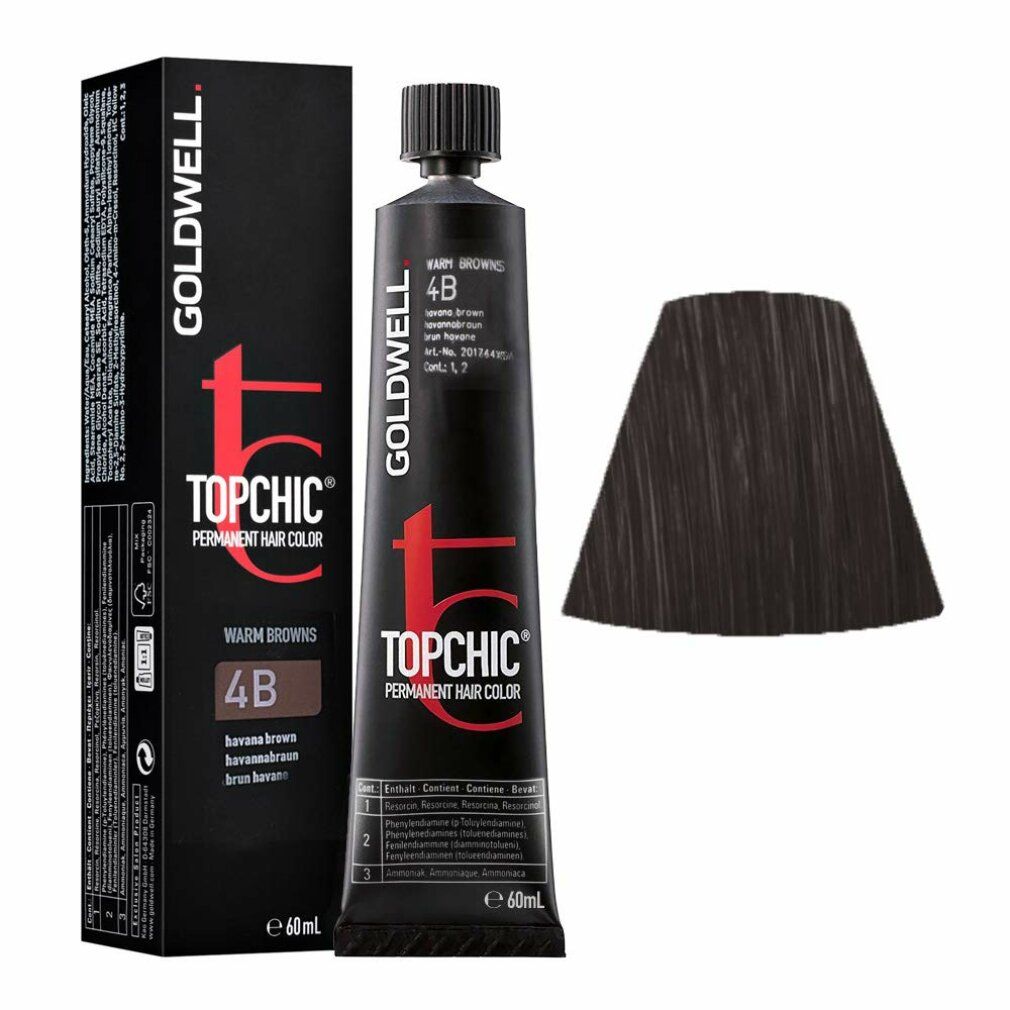 Goldwell Topchic 4B Haarfarbe, Warm Browns. Tube und Karton mit Produktinformationen. Farbmuster.