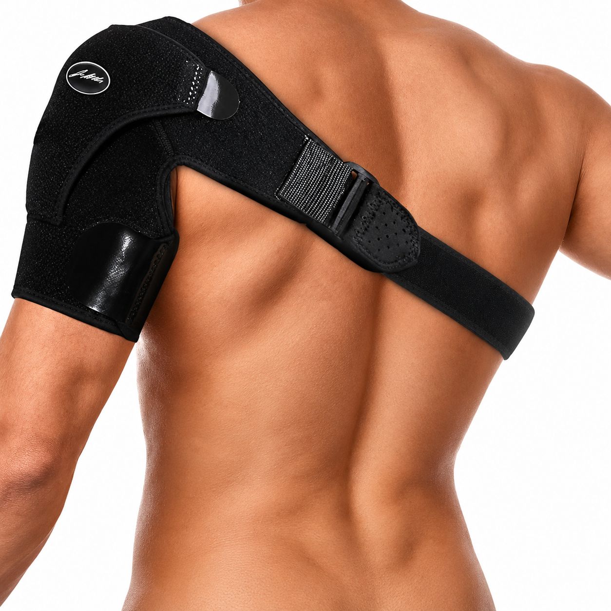 Schwarze Schulter-Kompressionsbandage, verstellbar.