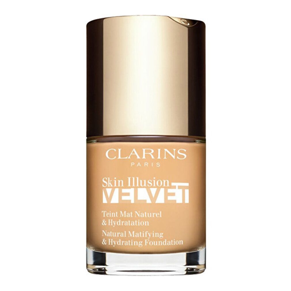 Clarins Skin Illusion Velvet Foundation. Flasche mit goldfarbenem Deckel. Text: Skin Illusion Velvet, Teint Mat Naturel & Hydratation.