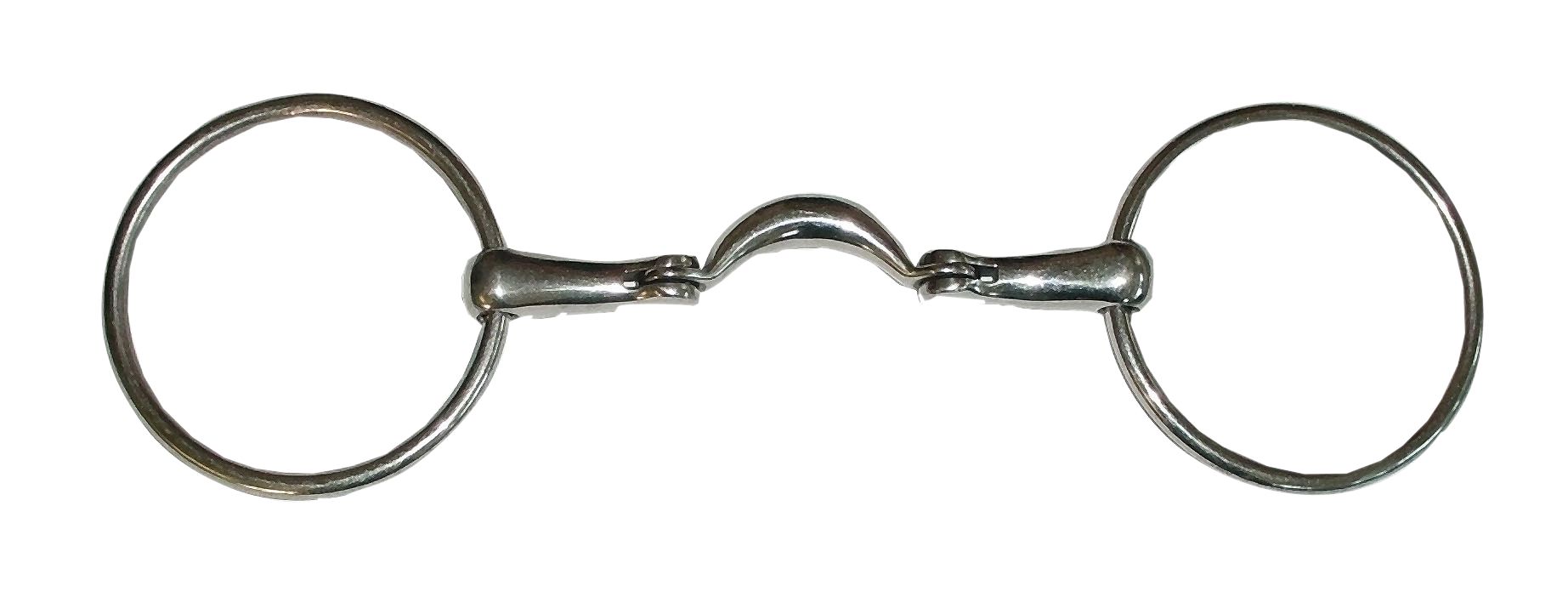 Metall-Wassertrense. Zwei runde Ringe, verbunden durch ein gebogenes Mundstück. Silberfarben.