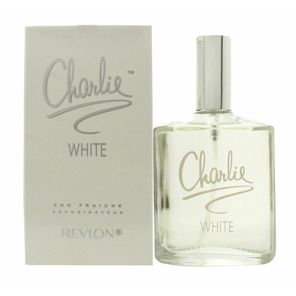 Flakon und Schachtel von Charlie White Eau Fraiche. Aufschrift: Charlie White, Revlon. Transparente Flüssigkeit.