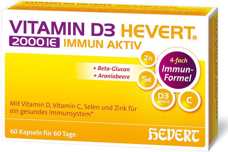Verpackung von Vitamin D3 Hevert. Aufschrift: Vitamin D3 Hevert 2000 IE Immun Aktiv. Enthält Vitamin D, C, Selen und Zink. 60 Kapseln.