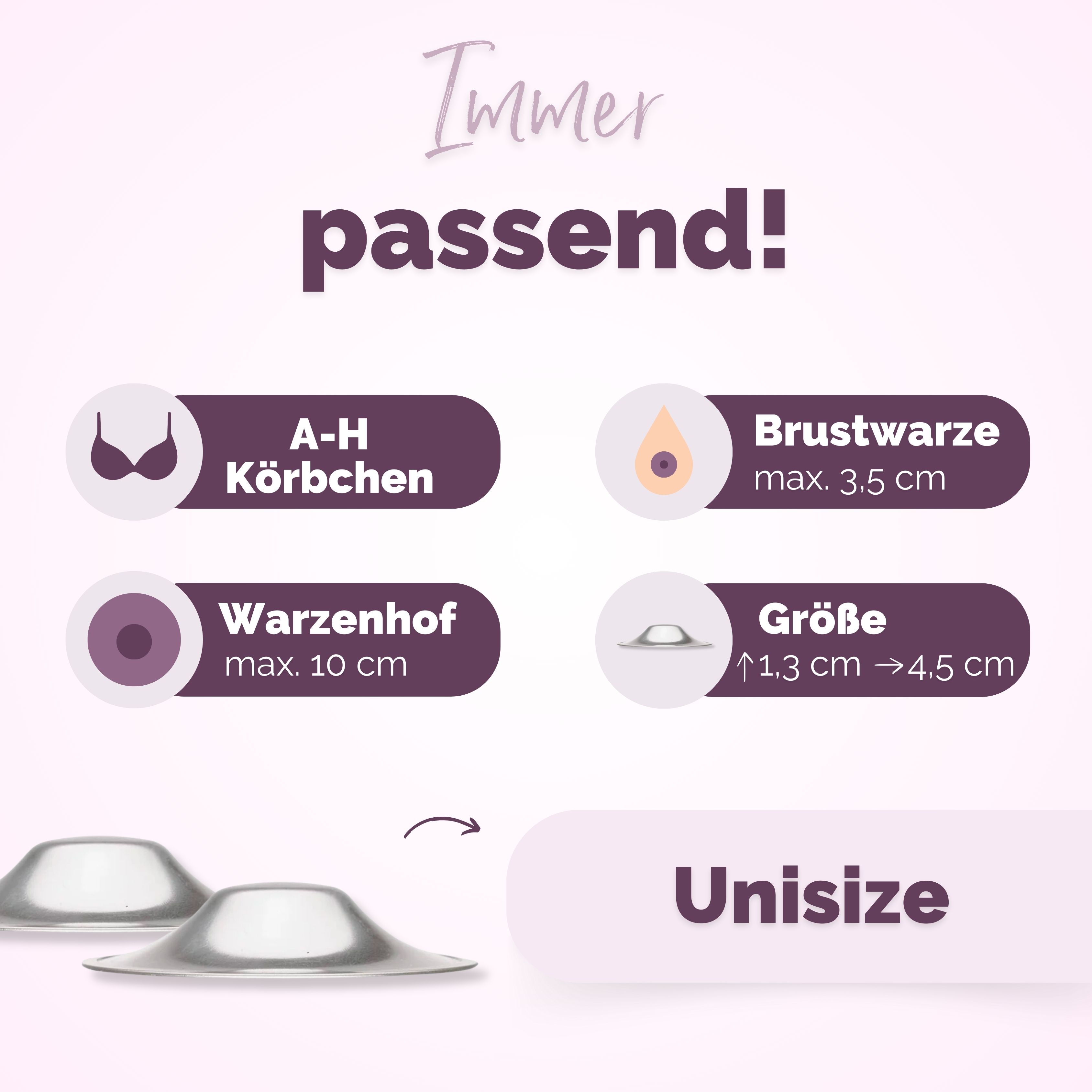 Zwei silberne Brusthütchen. Diagramm mit Brustgrößen. Text: "Unisize".
