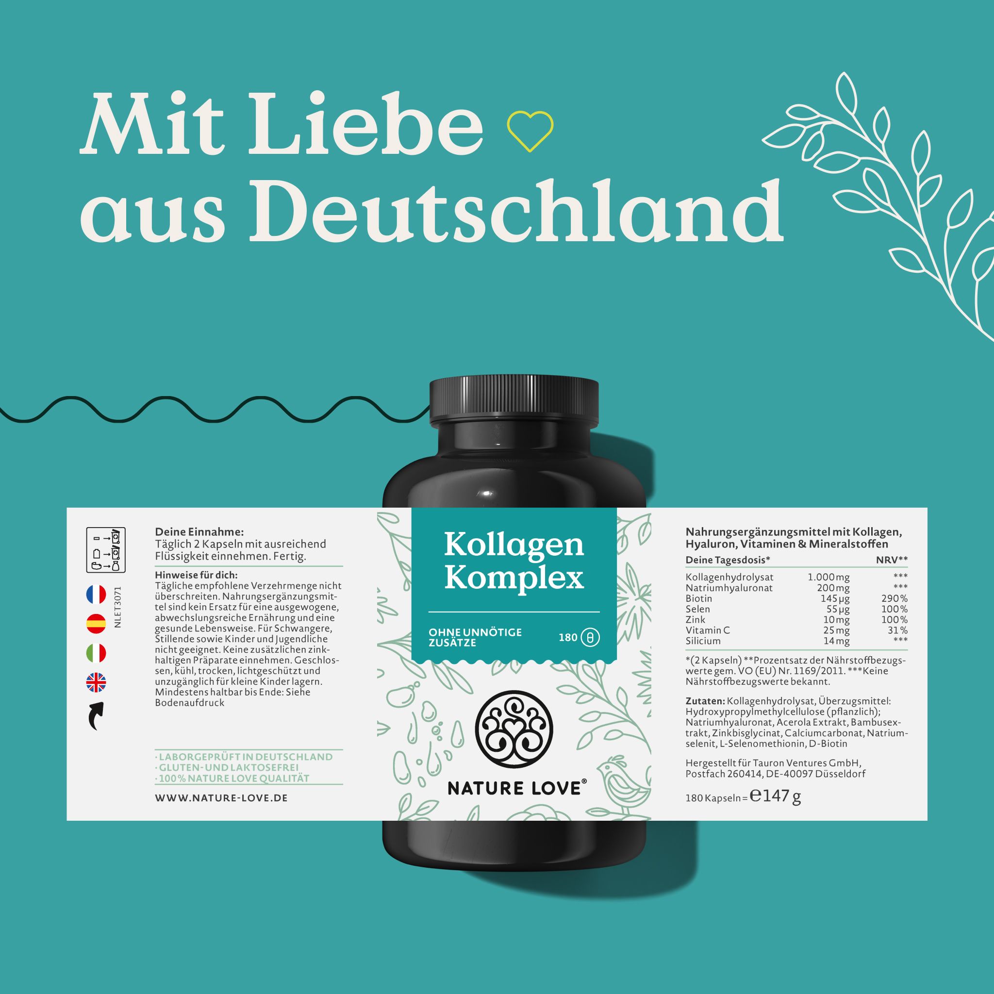 Produktflasche mit Etikett. Aufschrift: Kollagen Komplex, ohne unnötige Zusätze. Enthält Nährwertangaben und Inhaltsstoffe.