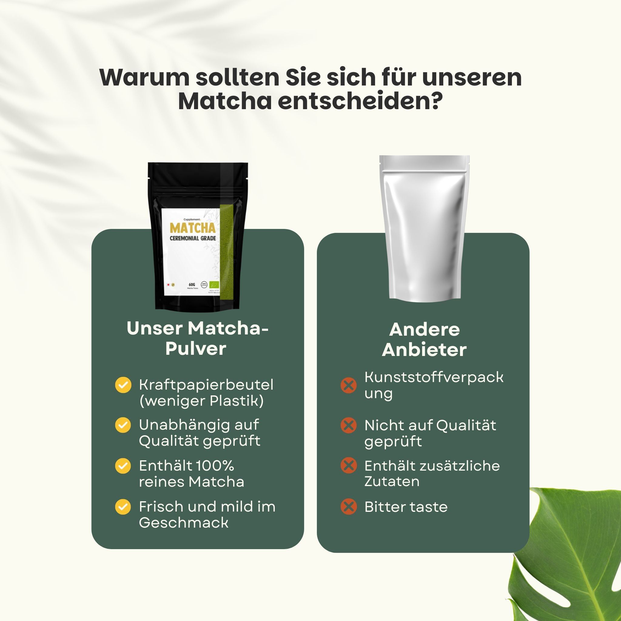 Vergleich von zwei Beuteln: Unser Matcha-Pulver (Kraftpapier) und anderer Anbieter (Kunststoff). Mit Checklisten.