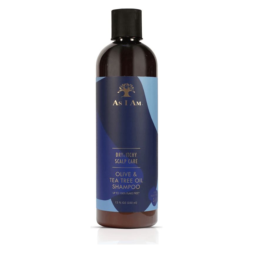 Braune Flasche mit schwarzem Deckel. Aufschrift: As I Am, Dry Itchy Scalp Care, Olive & Tea Tree Oil Shampoo.