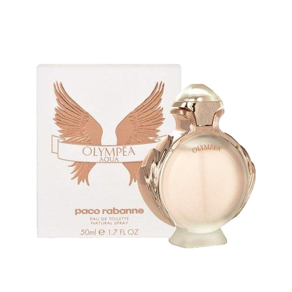 Parfümflakon und Verpackung. Flakon rund, hellrosa. Verpackung weiß mit Flügelmotiv und Schriftzug Olympea Aqua.