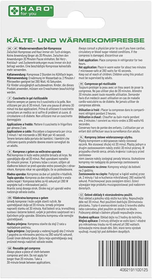 Rückseite der Verpackung einer Kälte- und Wärmekompresse. Text in Deutsch, Englisch, Italienisch, Niederländisch, Tschechisch.