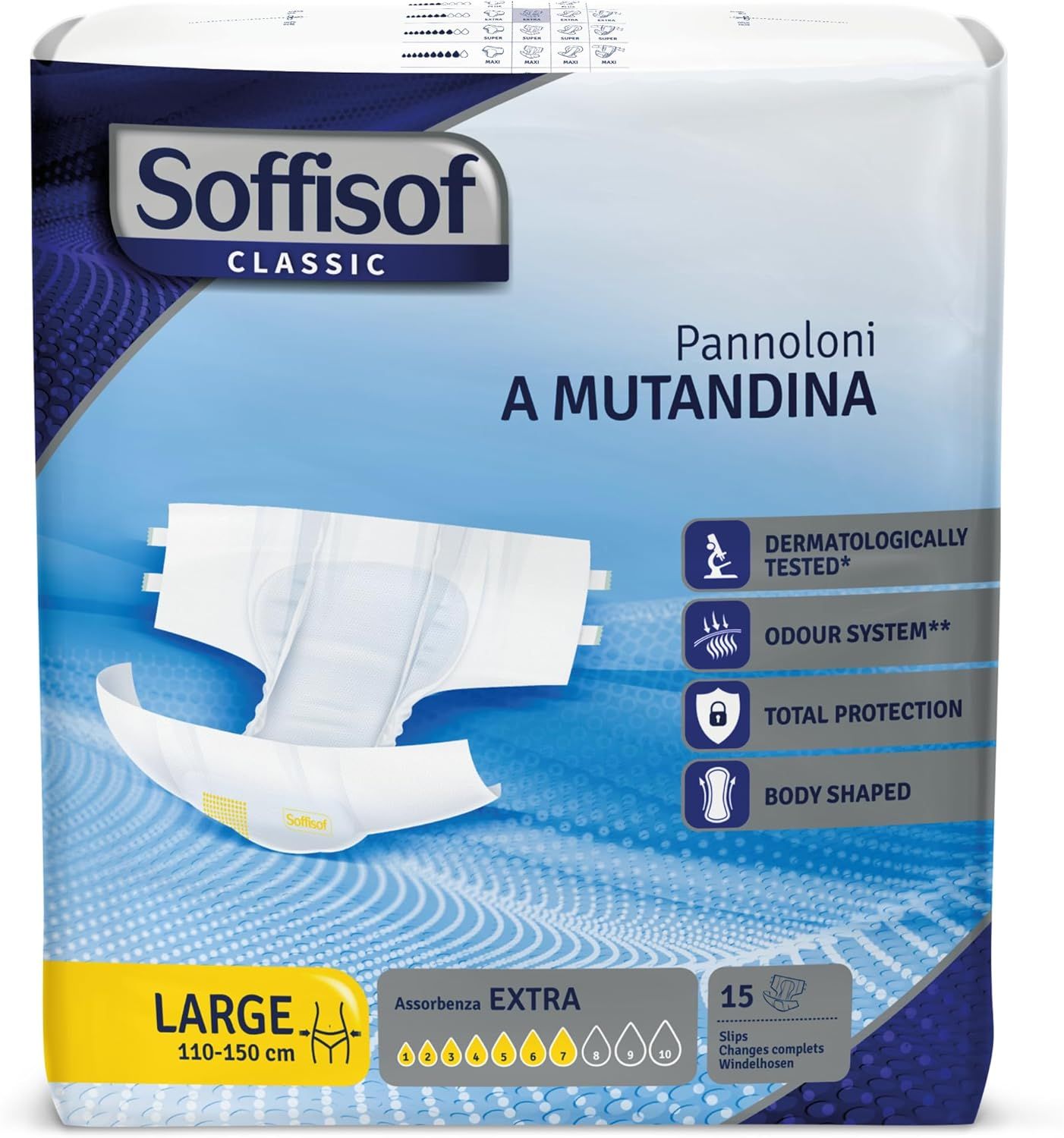 Verpackung mit Windeln. Aufschrift: Soffisof Classic. Größe: Large. 110-150 cm. 15 Stück. Extra Saugfähigkeit.