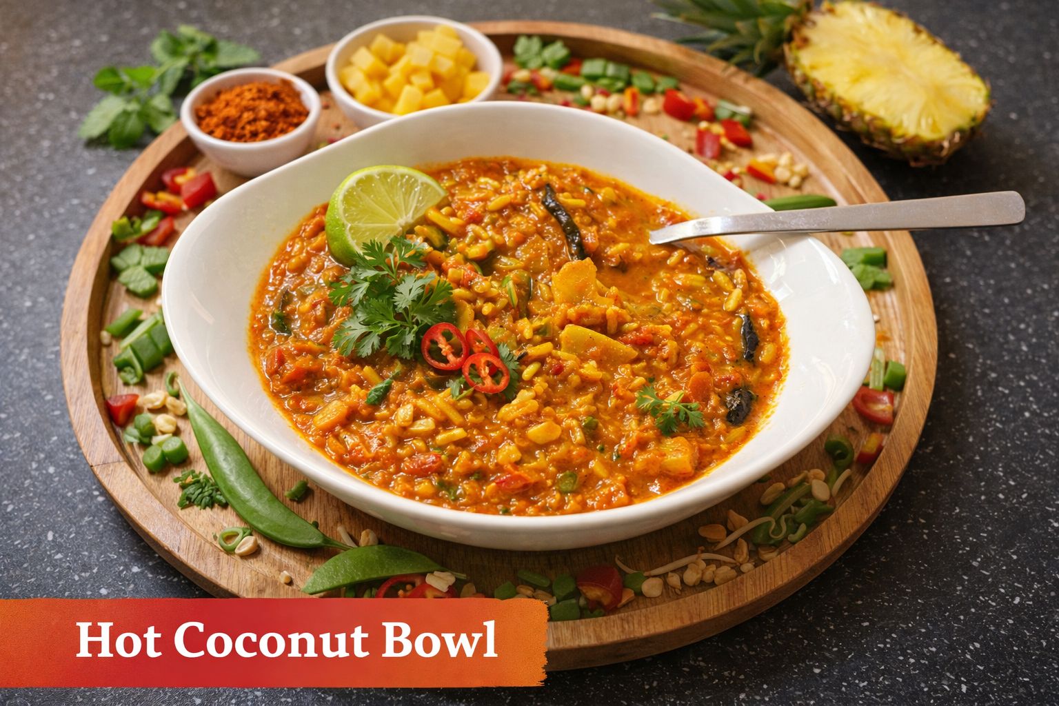 Hot Coconut Bowl in weißer Schale auf Holztablett. Garniert mit Limette und Koriander. Umgeben von Zutaten, Ananas und Gewürzen.