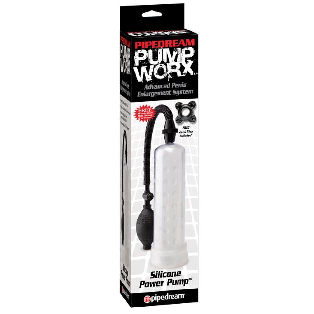 Verpackung der Penispumpe „Silicone Power Pump“. Enthält Produktabbildung und Text.