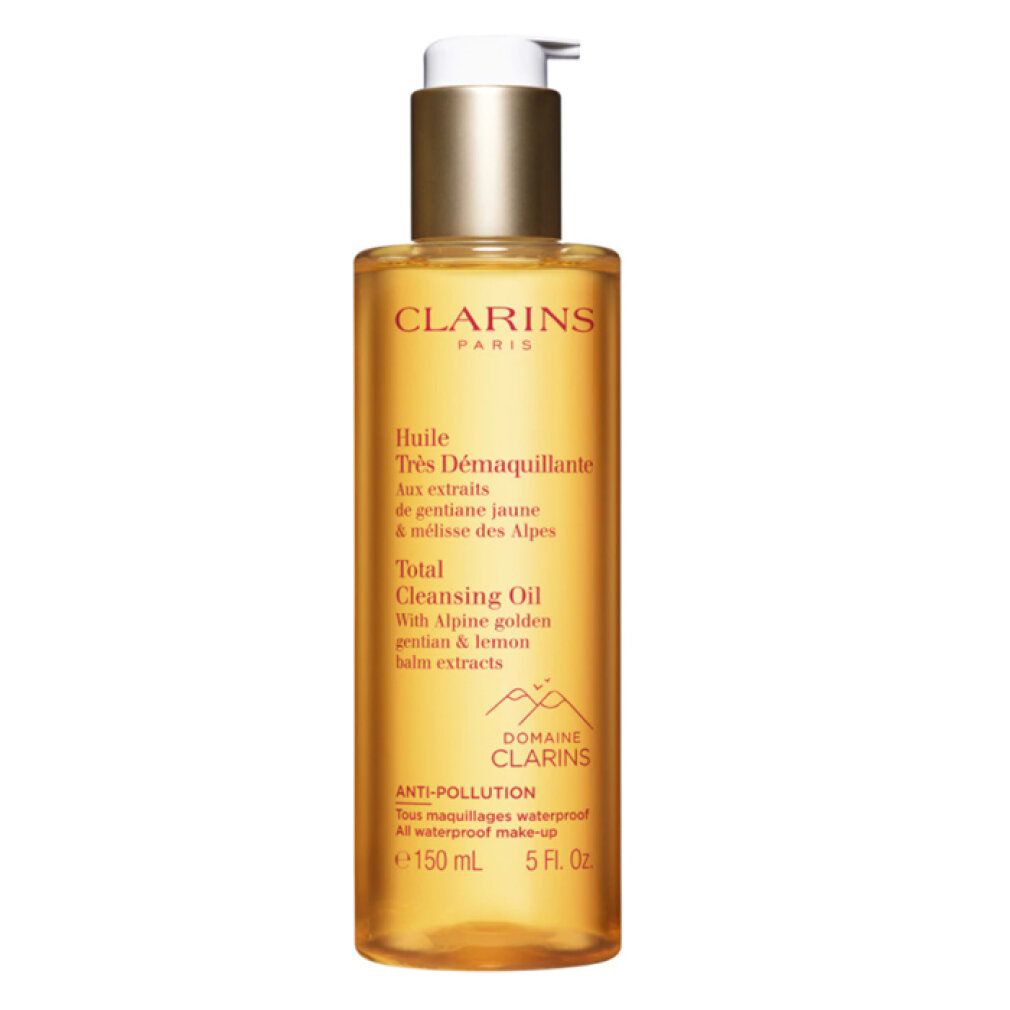 Clarins Total Cleansing Oil. Gelbe Flasche mit goldfarbenem Deckel. Text: Total Cleansing Oil, Anti-Pollution, 150 ml.