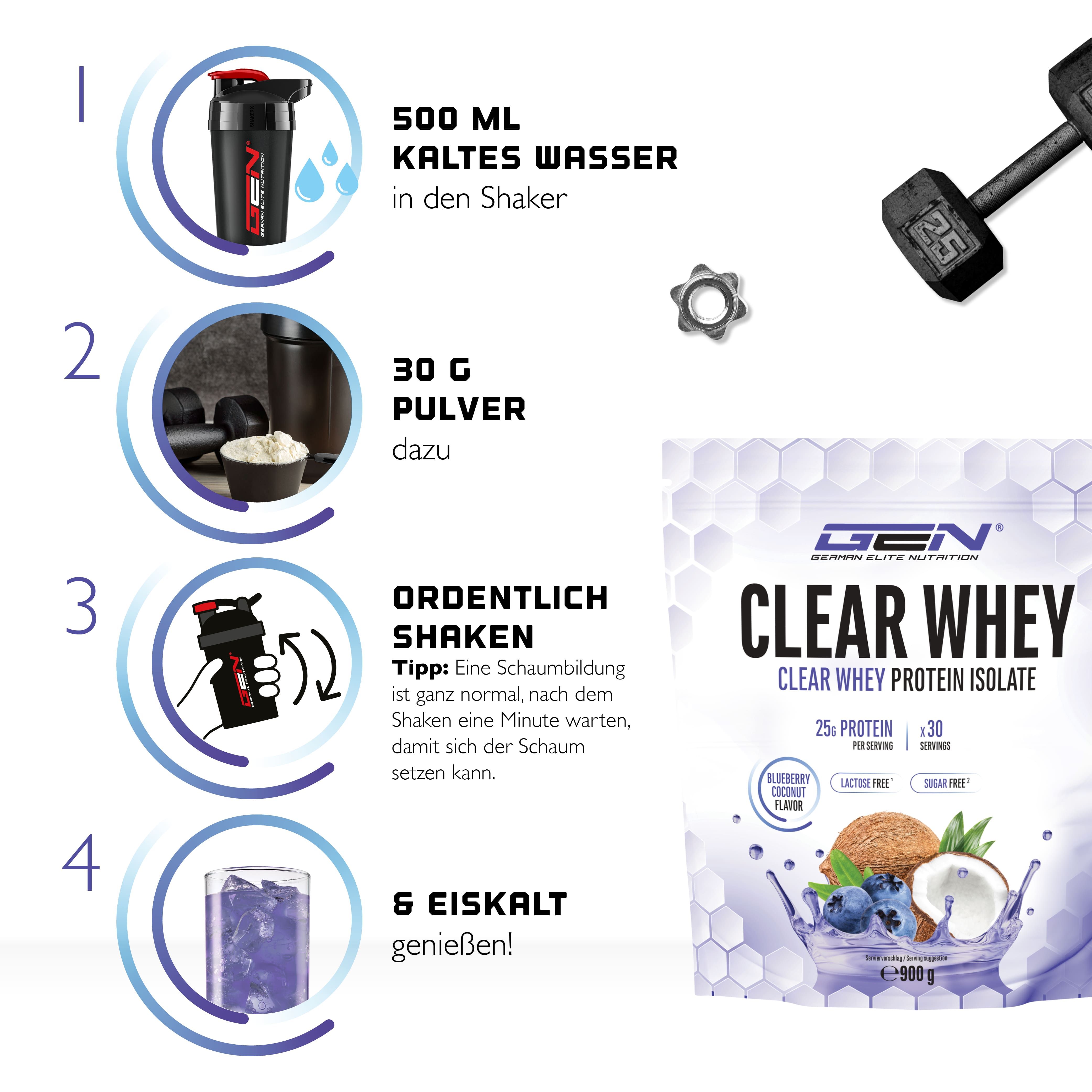Anleitung zur Zubereitung von GEN Clear Whey Protein Isolat. Schritte: 500 ml kaltes Wasser in Shaker, 30 g Pulver dazu, shaken, eiskalt genießen.
