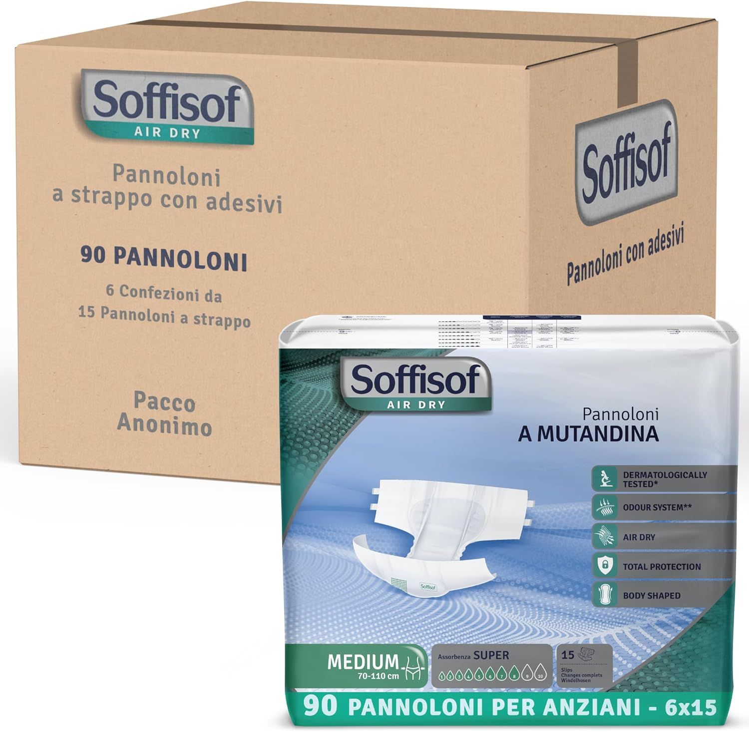 Karton mit Windeln für Erwachsene. Enthält Packungen mit 90 Windeln. Marke Soffisof. Verpackung mit Produktinformationen.